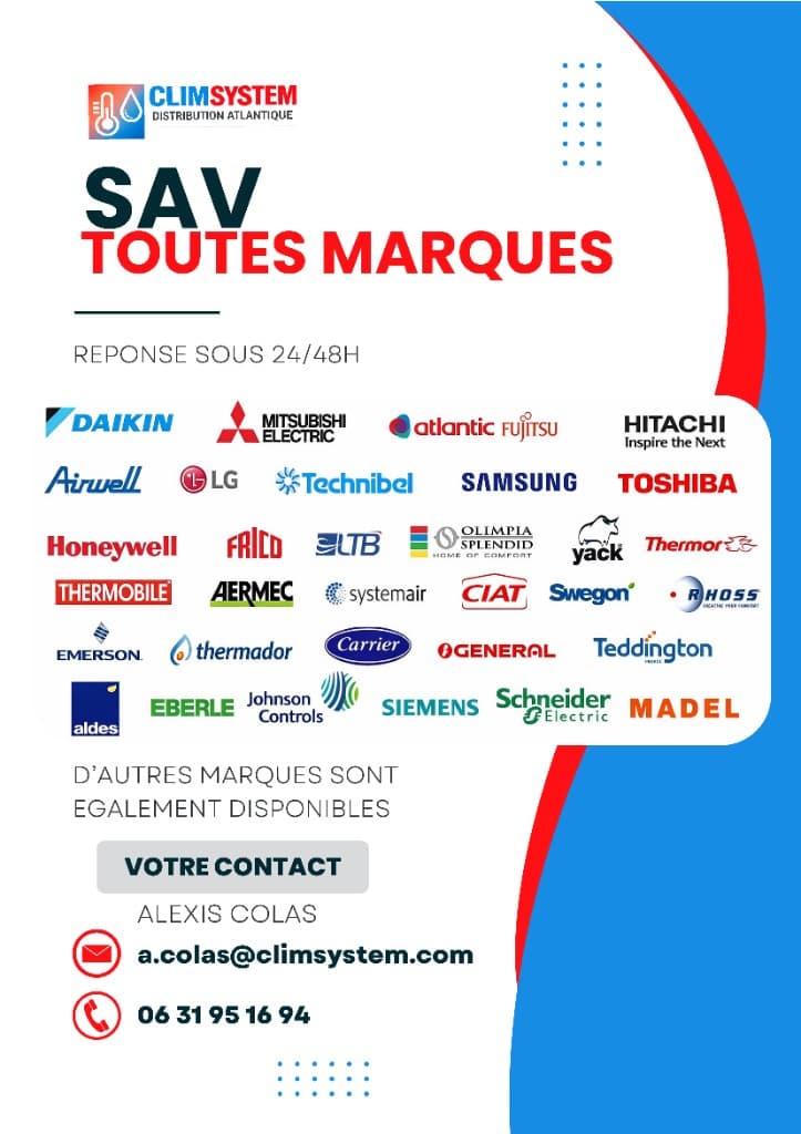 Flyer SAV Climsystem Distribution Atlantique - SAV toutes marques, réponse sous 24/48h, contact Alexis Colas 06 31 95 16 94 a.colas@climsystem.com